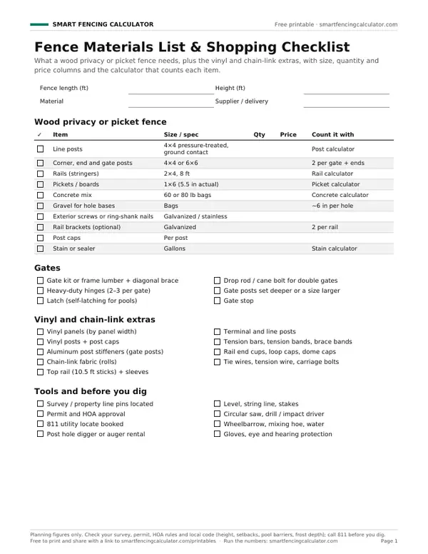 Preview of the free printable Fence Materials List & Shopping Checklist PDF